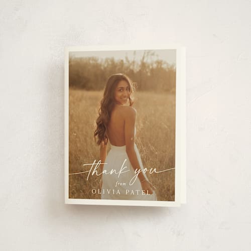 This is a snow graduation thank you cards with standard by Sarah Curry called graduate script printing on strathmore in standard