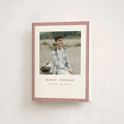 This is a crimson graduation thank you cards with standard by Owl and Toad called understated printing on strathmore in standard