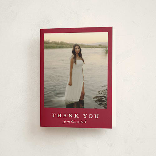 This is a crimson graduation thank you cards with standard by Sarah Curry called archive printing on strathmore in standard