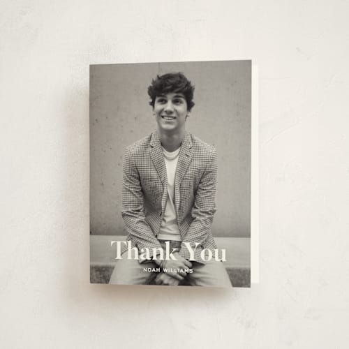 This is a tuxedo graduation thank you cards with standard by Annie Shapiro called maple printing on strathmore in standard