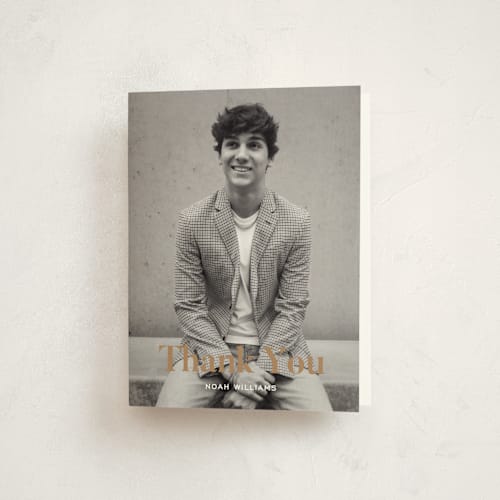 This is a golden graduation thank you cards with standard by Annie Shapiro called maple printing on strathmore in standard
