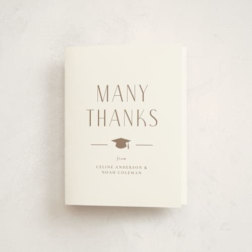 This is a mocha graduation thank you cards with standard by Ana Sharpe called grad duo printing on strathmore in standard