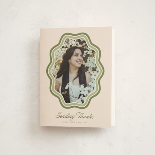 This is a matcha graduation thank you cards with standard by Melanie Kosuge called scalloped printing on strathmore in standard