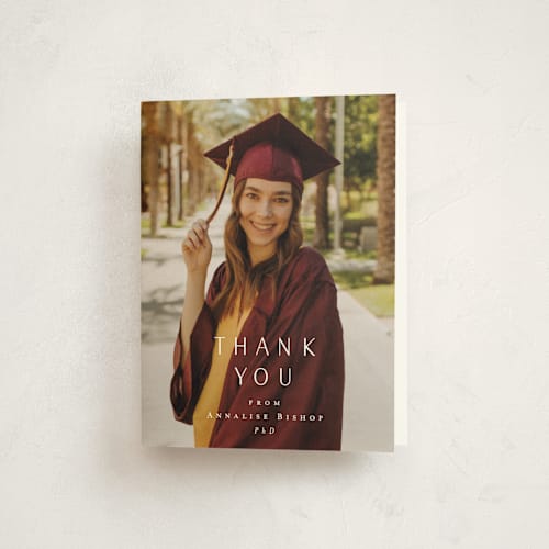 This is a vanilla graduation thank you cards with standard by Ani Somi called straight up printing on strathmore in standard