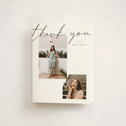 This is a chalkboard graduation thank you cards with standard by Kelly Watkins called simple + script printing on strathmore in standard