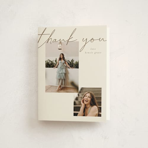 This is a latte graduation thank you cards with standard by Kelly Watkins called simple + script printing on strathmore in standard