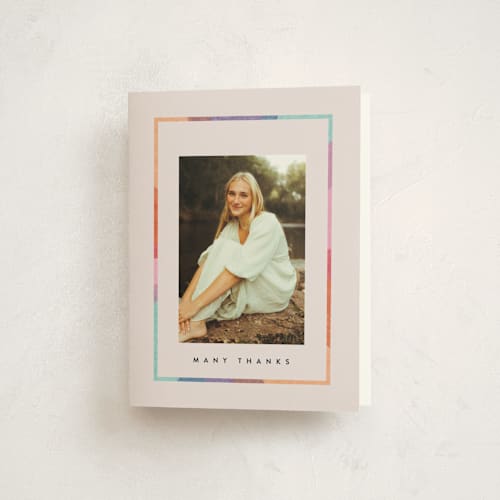 This is a petal graduation thank you cards with standard by Carrie Moradi called candy rainbow printing on strathmore in standard