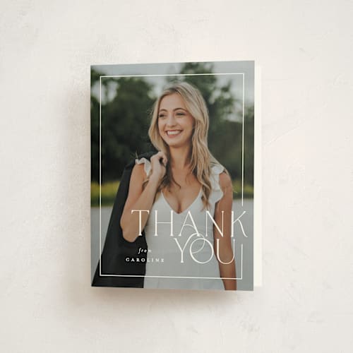 This is a snow graduation thank you cards with standard by Lauren Chism called broken border printing on strathmore in standard
