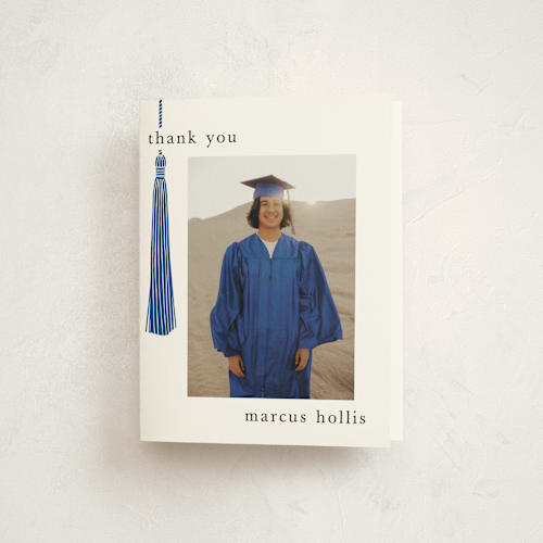 This is a cobalt graduation thank you cards with standard by Ashlee Townsend called tassled printing on strathmore in standard