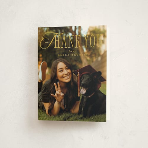 This is a marigold graduation thank you cards with standard by Everett Paper Goods called literary printing on strathmore in standard