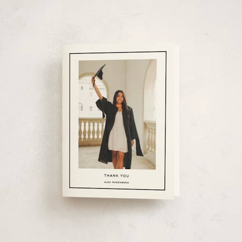 This is a noir graduation thank you cards with standard by Annie Shapiro called cap frame printing on strathmore in standard