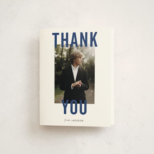 This is a navy graduation thank you cards with standard by Sara Hicks Malone called jax printing on strathmore in standard