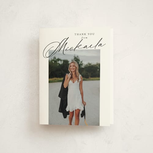 This is a obsidian graduation thank you cards with standard by Kamala Nahas called minimal script printing on strathmore in standard