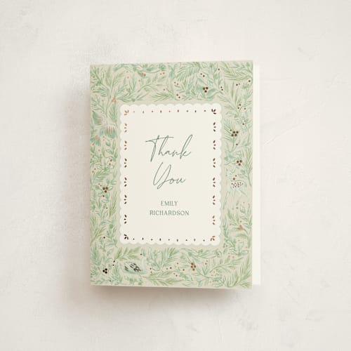 This is a mint baby shower thank you cards with foil pressed by Elly called winter cottage printing on strathmore in standard