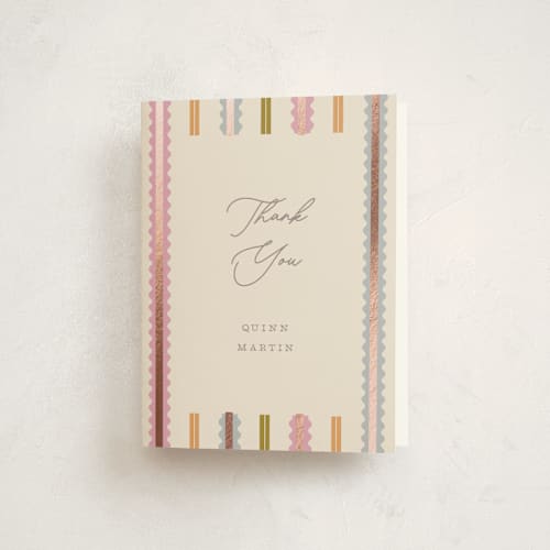 This is a vanilla baby shower thank you cards with foil pressed by Pixel and Hank called swiggle printing on strathmore in standard