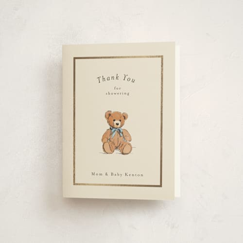 This is a frost baby shower thank you cards with foil pressed by Becky Nimoy called antique teddy bear printing on strathmore in standard