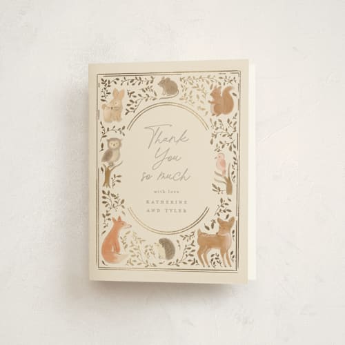 This is a ecru baby shower thank you cards with foil pressed by Creo Study called woodland storybook printing on strathmore in standard