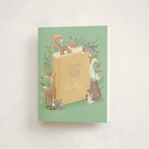 This is a mint baby shower thank you cards with foil pressed by Jennifer Wick called storybook printing on strathmore in standard