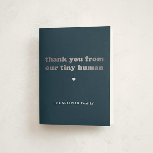 This is a whale baby shower thank you cards with foil pressed by Corinne Malesic called tiny human printing on strathmore in standard
