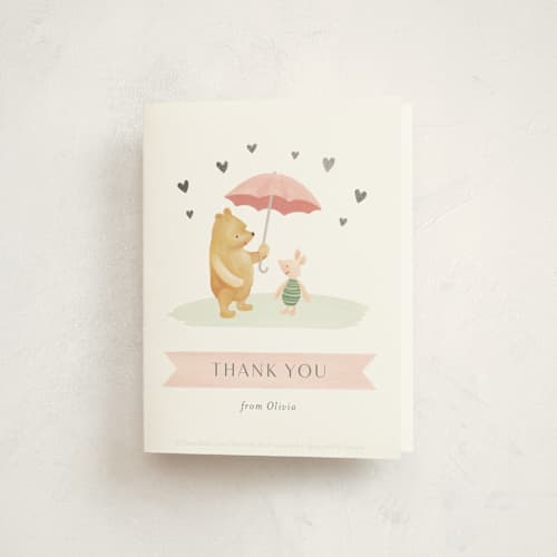 This is a blush baby shower thank you cards with foil pressed by Katherine Moynagh called pooh and piglet printing on strathmore in standard