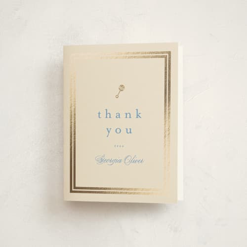 This is a powder blue baby shower thank you cards with foil pressed by Carolyn MacLaren called classic start printing on strathmore in standard