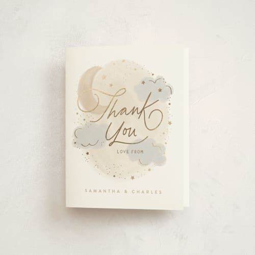 This is a latte baby shower thank you cards with foil pressed by Creo Study called moon and stars printing on strathmore in standard