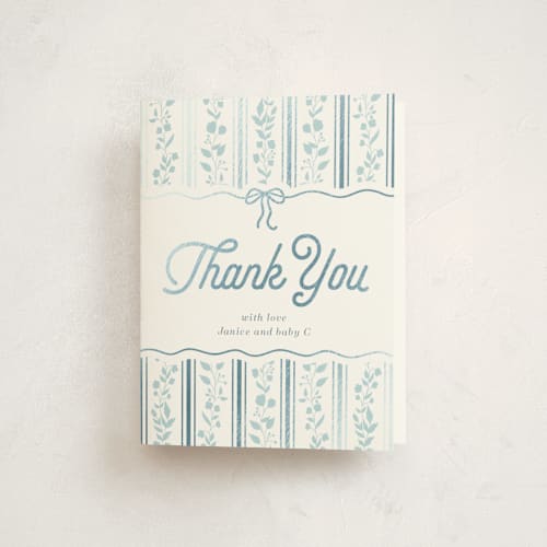 This is a powder blue baby shower thank you cards with foil pressed by Anna Black called vintage stripe printing on strathmore in standard