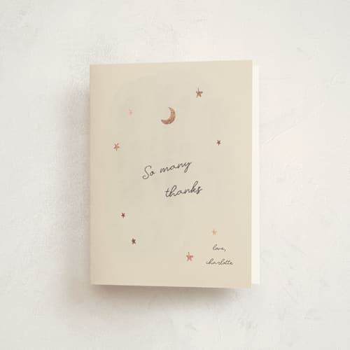 This is a cream baby shower thank you cards with foil pressed by Ani Somi called lullaby printing on strathmore in standard