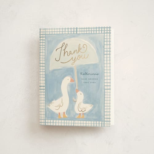 This is a raindrop baby shower thank you cards with foil pressed by Teju Reval called little goose printing on strathmore in standard
