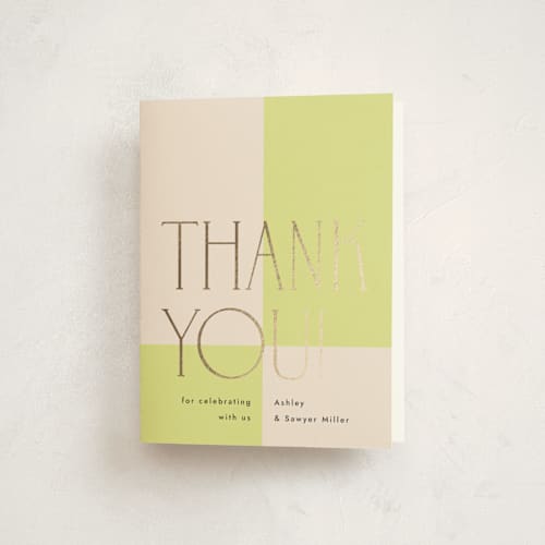 This is a lime baby shower thank you cards with foil pressed by letterfix called two times printing on strathmore in standard