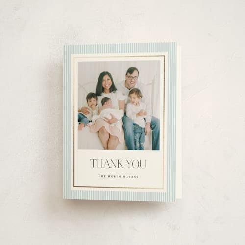 This is a sky blue baby shower thank you cards with foil pressed by Lucrecia Caporale called sweet stripes printing on strathmore in standard