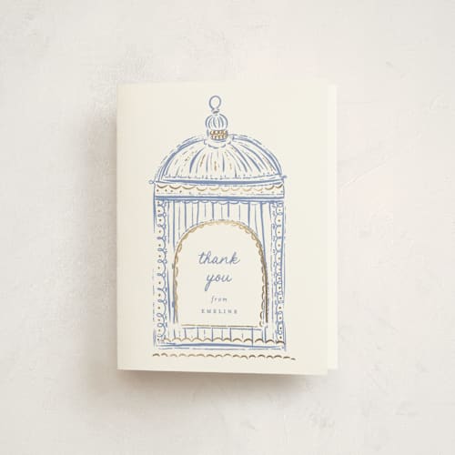 This is a bluebell baby shower thank you cards with foil pressed by Gwen Bedat called birdie printing on strathmore in standard