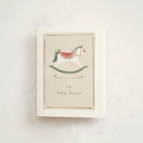 This is a eggnog baby shower thank you cards with foil pressed by Rebecca Durflinger called festive rocking horse printing on strathmore in standard