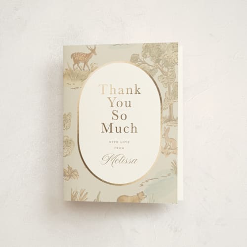 This is a bamboo baby shower thank you cards with foil pressed by Teju Reval called woodland animals toile printing on strathmore in standard