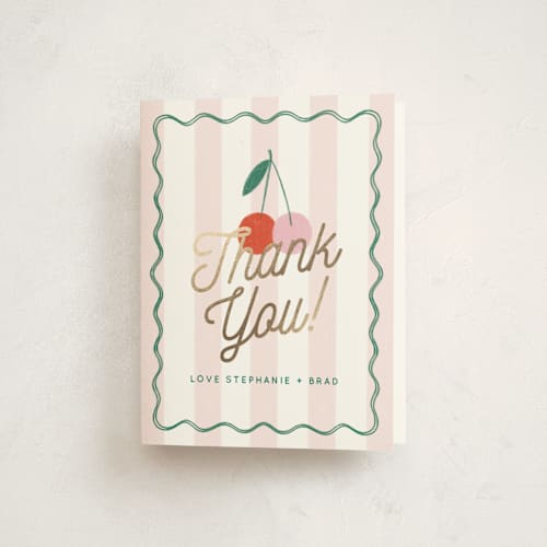 This is a petal baby shower thank you cards with foil pressed by Kiersten Garner called tiny cherry on top printing on strathmore in standard