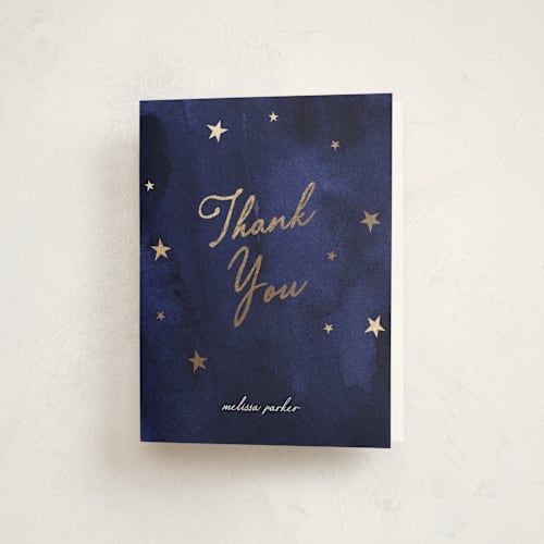 This is a midnight baby shower thank you cards with foil pressed by Ilene Guy called midnight stars printing on strathmore in standard