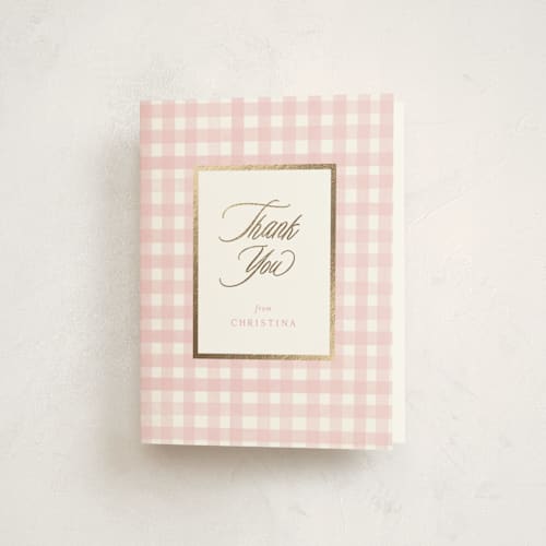 This is a cotton candy baby shower thank you cards with foil pressed by Creo Study called classic gingham printing on strathmore in standard