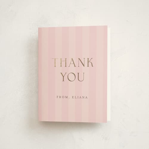 This is a rose baby shower thank you cards with foil pressed by Angela Thompson called baby stripes printing on strathmore in standard