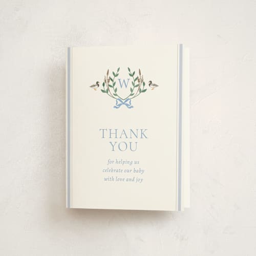 This is a powder baby shower thank you cards with foil pressed by Rebecca Marchese called southern mallard duck printing on strathmore in standard