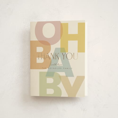 This is a pastel baby shower thank you cards with foil pressed by Ellen Schlegelmilch called layers printing on strathmore in standard