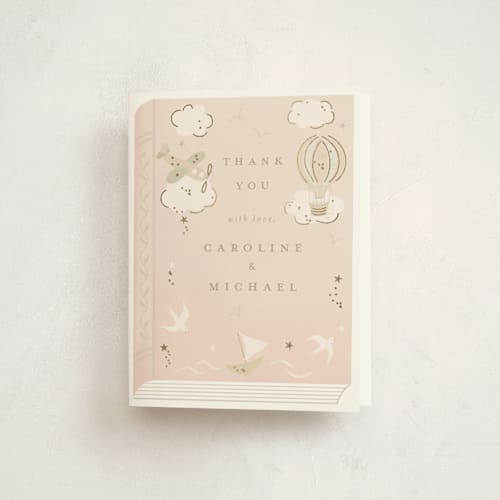 This is a blush baby shower thank you cards with foil pressed by Jennifer Holbrook called our journey printing on strathmore in standard