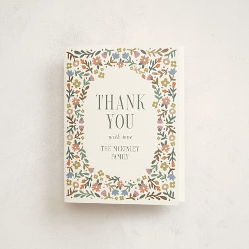 This is a garden baby shower thank you cards with foil pressed by Kelly Watkins called floral archway printing on strathmore in standard