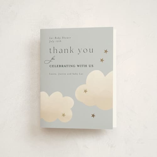 This is a sky baby shower thank you cards with foil pressed by Joyce Pinheiro called twinkle twinkle printing on strathmore in standard