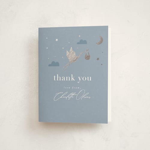 This is a bluebell baby shower thank you cards with foil pressed by Hudson meet Rose called special delivery printing on strathmore in standard