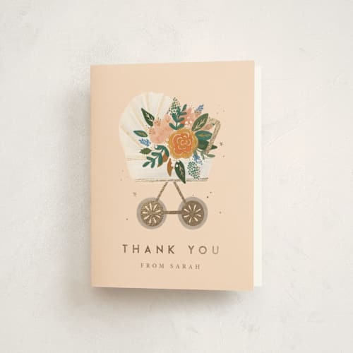 This is a blush baby shower thank you cards with foil pressed by Corie Page called floral pram printing on strathmore in standard