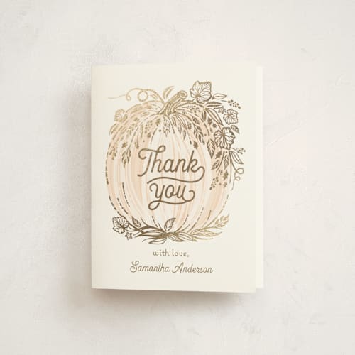 This is a peach baby shower thank you cards with foil pressed by Paper Sun Studio called little pumpkin printing on strathmore in standard