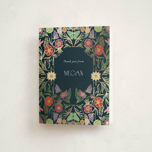 This is a midnight garden baby shower thank you cards with foil pressed by Simona Camp called gilded tapestry printing on strathmore in standard