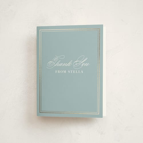 This is a powder blue baby shower thank you cards with foil pressed by Jennifer Postorino called polished printing on strathmore in standard