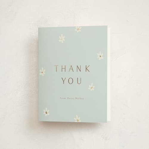 This is a baby blue baby shower thank you cards with foil pressed by Ani Somi called daisies printing on strathmore in standard