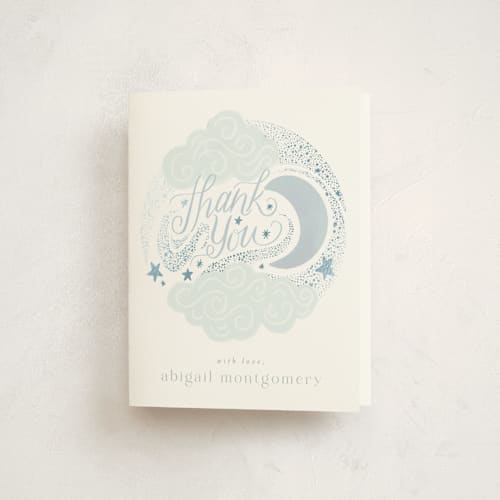 This is a celestial baby shower thank you cards with foil pressed by Joanna Griffin called over the moon printing on strathmore in standard